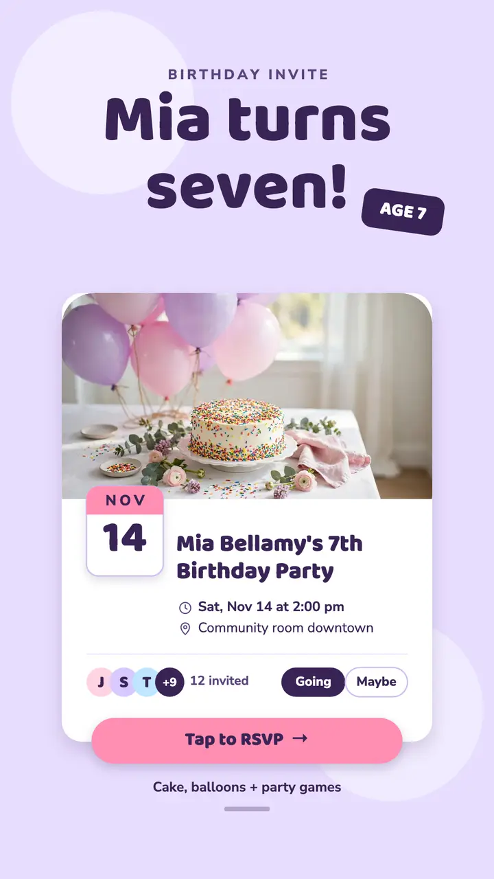 Mia Bellamy seventh birthday invite story template