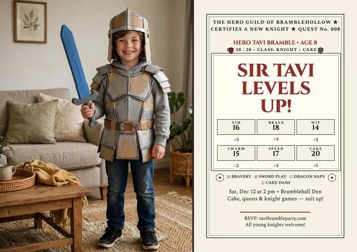 Sir Tavi knight character birthday invite template
