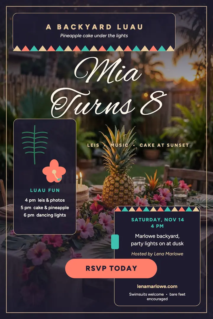 Mia luau birthday poster, tiki lounge template