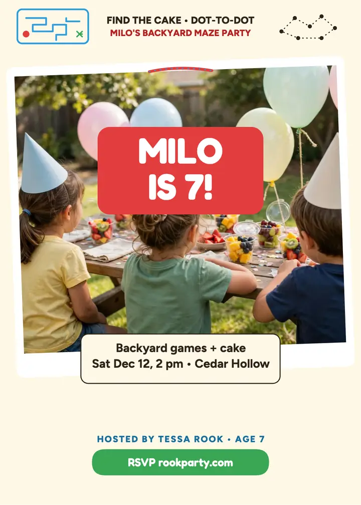 Milo's backyard maze birthday invitation: birthday activity invitation template