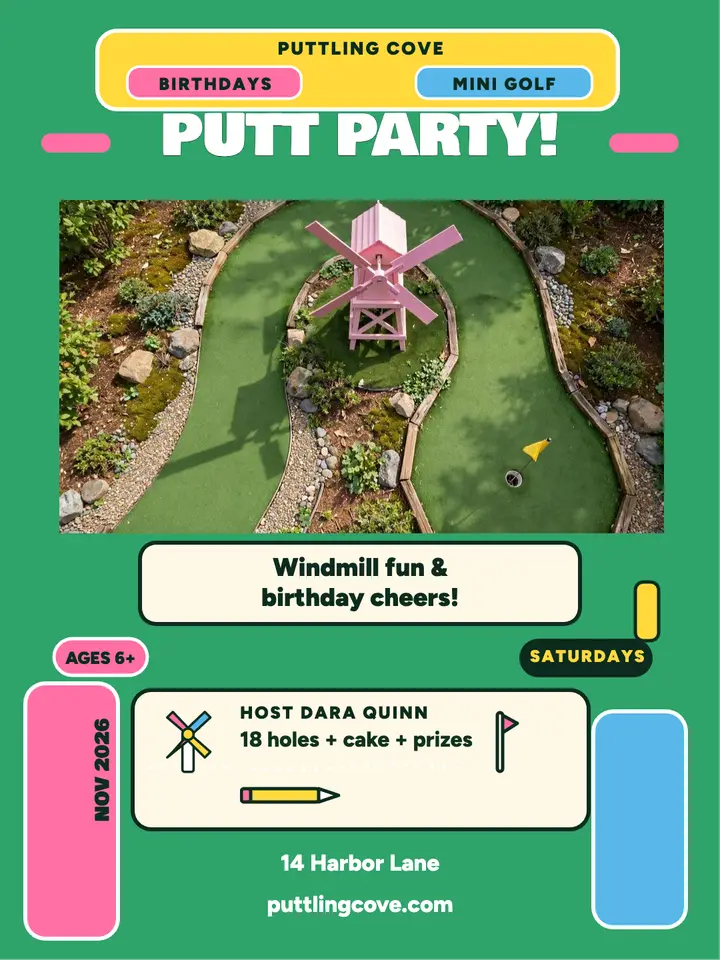 Puttling Cove birthday mini golf party template