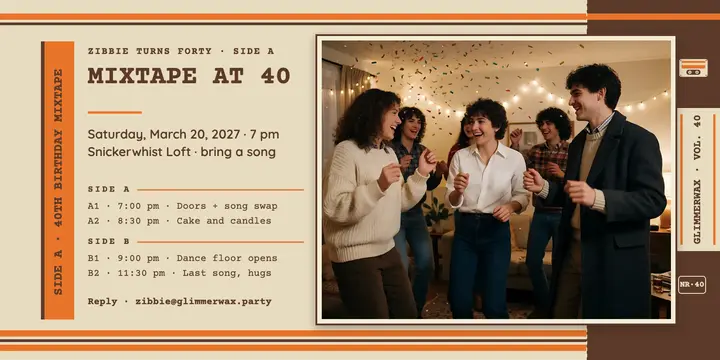 Zibbie's 40th birthday mixtape party cassette J-card invitation template