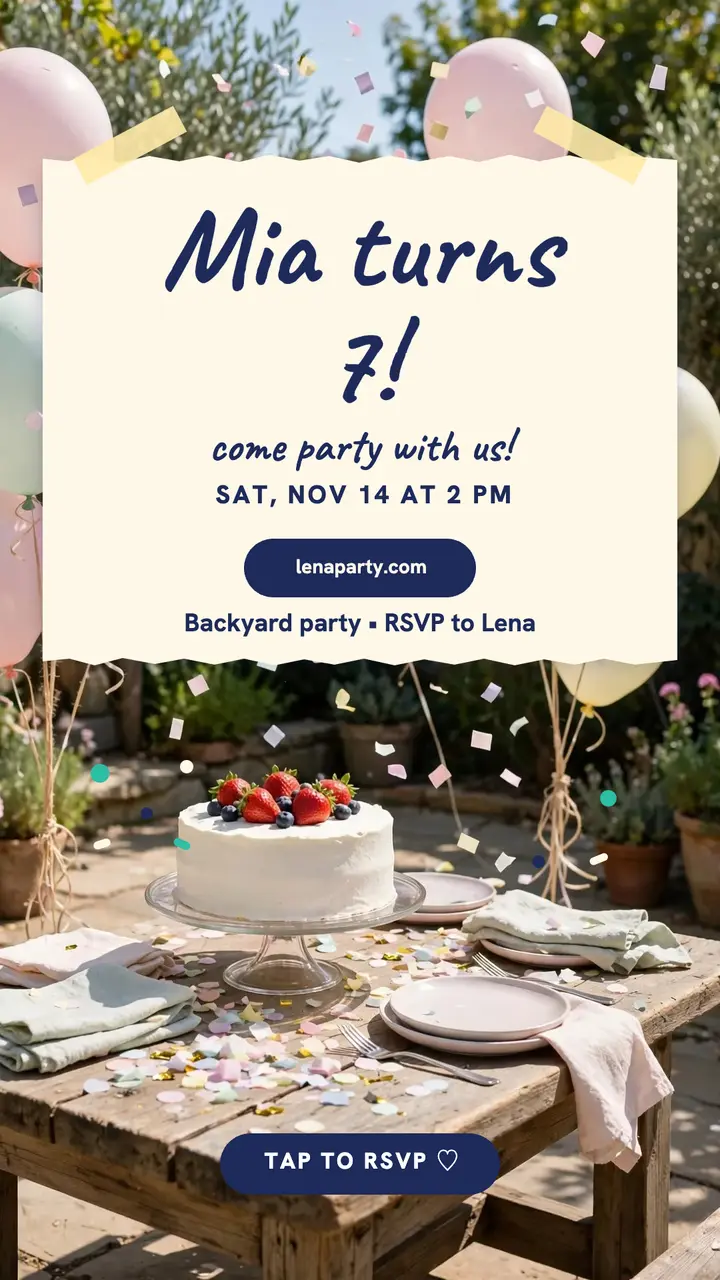 Mia seventh birthday note story: birthday party invite story template