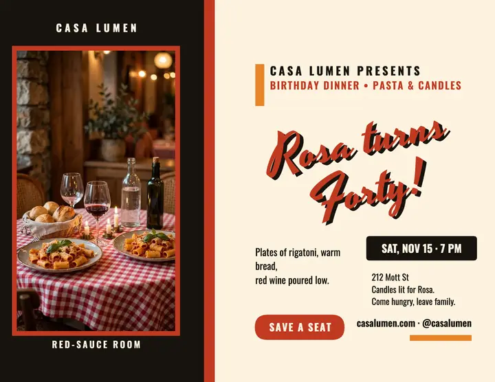 Rosa at 40 birthday pasta dinner flyer: birthday dinner flyer template