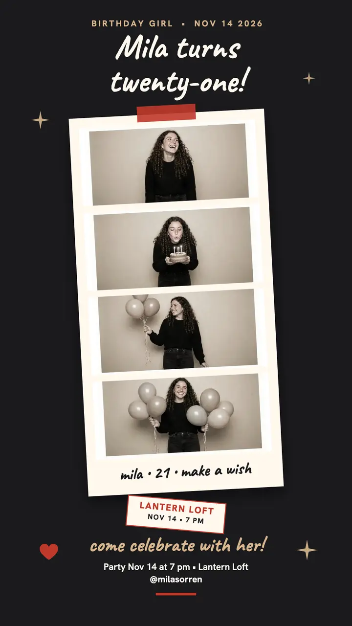 Mila Sorren 21st birthday booth strip template