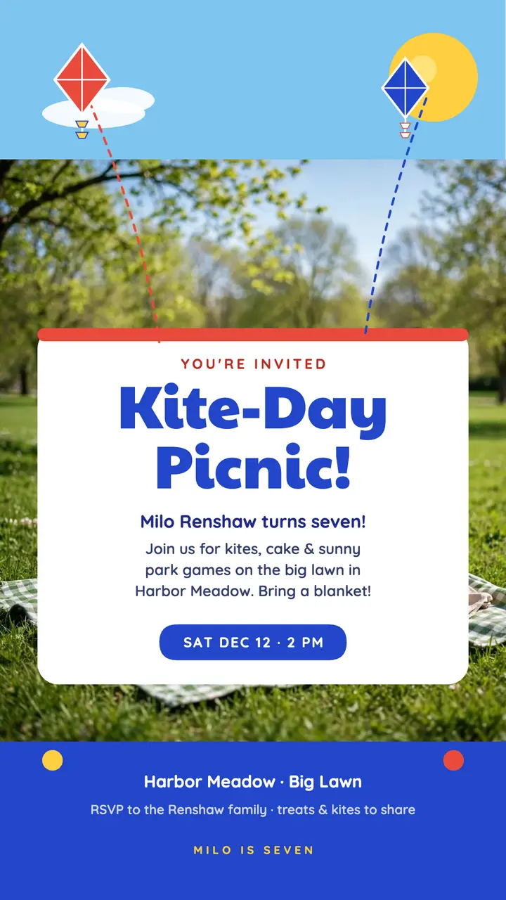 Milo's kite day picnic birthday invite template