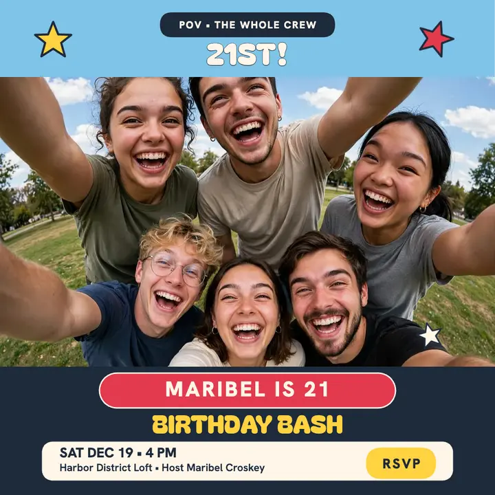 Maribel's 21st selfie bash invite: birthday invite template