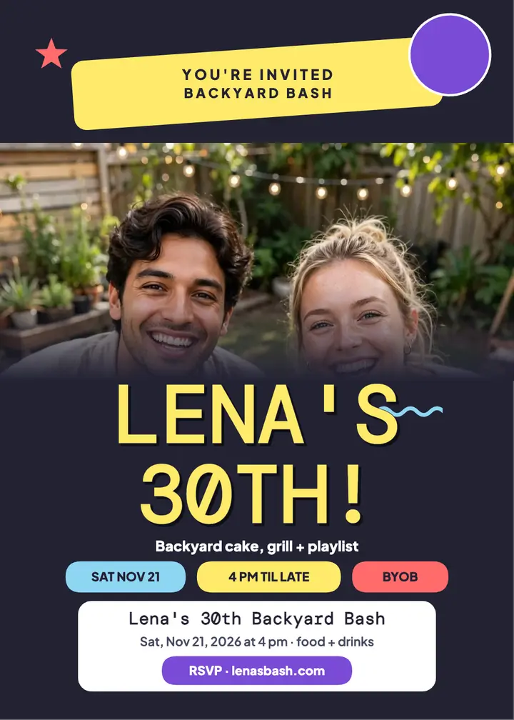 Lena's 30th backyard bash selfie invitation: birthday backyard invitation template