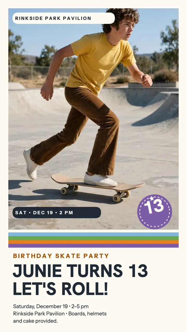 Junie skate party seventies poster story template