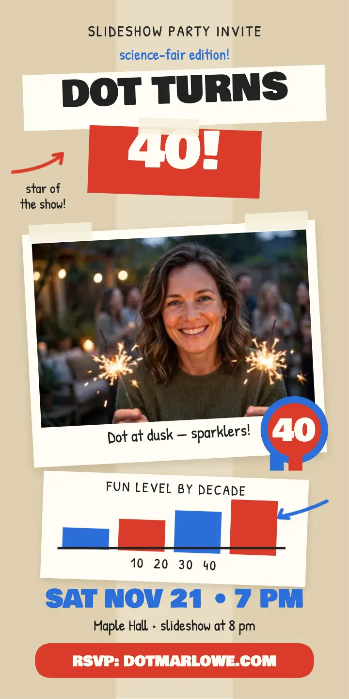 Dot Marlowe 40th slideshow party tri-fold ad: birthday slideshow ad template