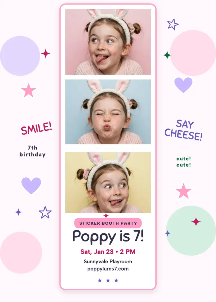 Poppy sticker booth 7th birthday invite: birthday invitation template