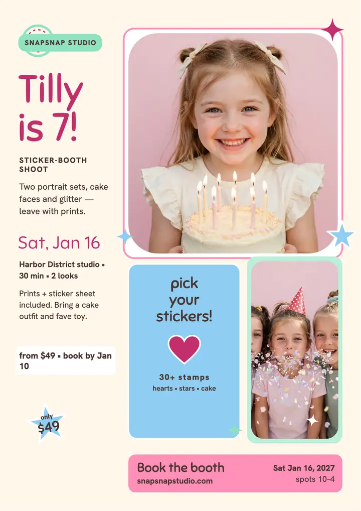 Tilly sticker-booth birthday shoot flyer: birthday sticker shoot flyer template