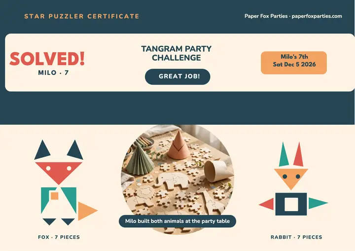 Milo's 7th birthday tangram certificate template