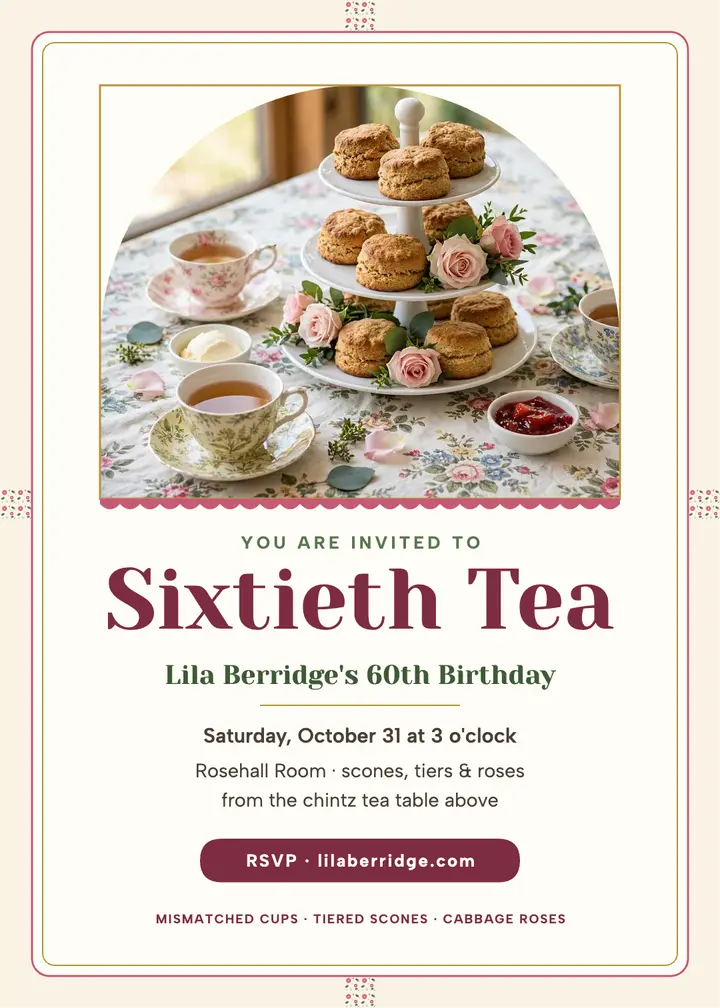 Lila's Sixtieth Tea birthday invitation template