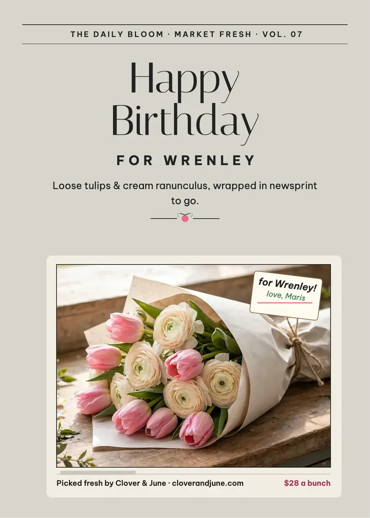 Birthday tulips in newsprint invitation: birthday bouquet post template