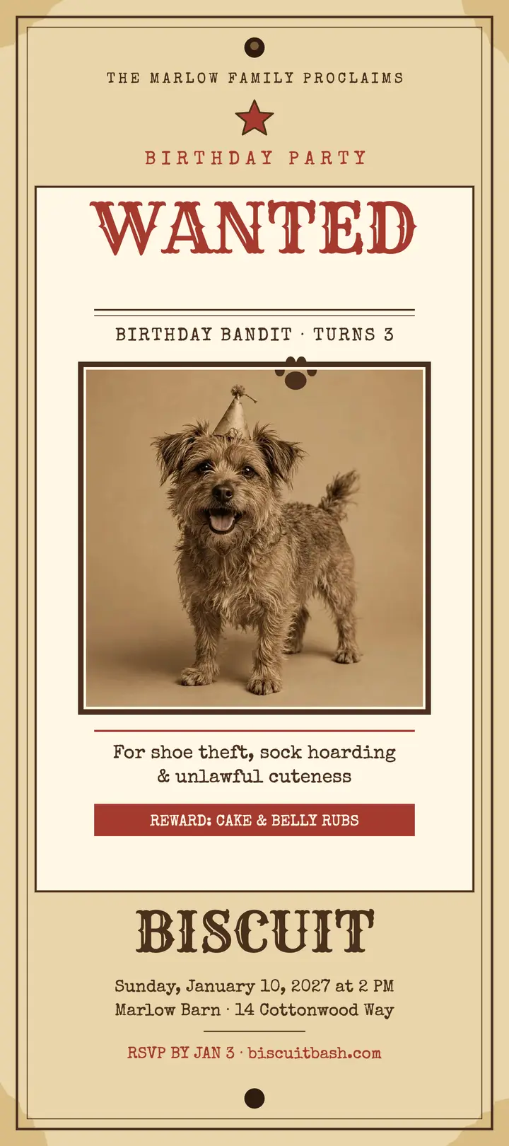Biscuit birthday wanted poster card template