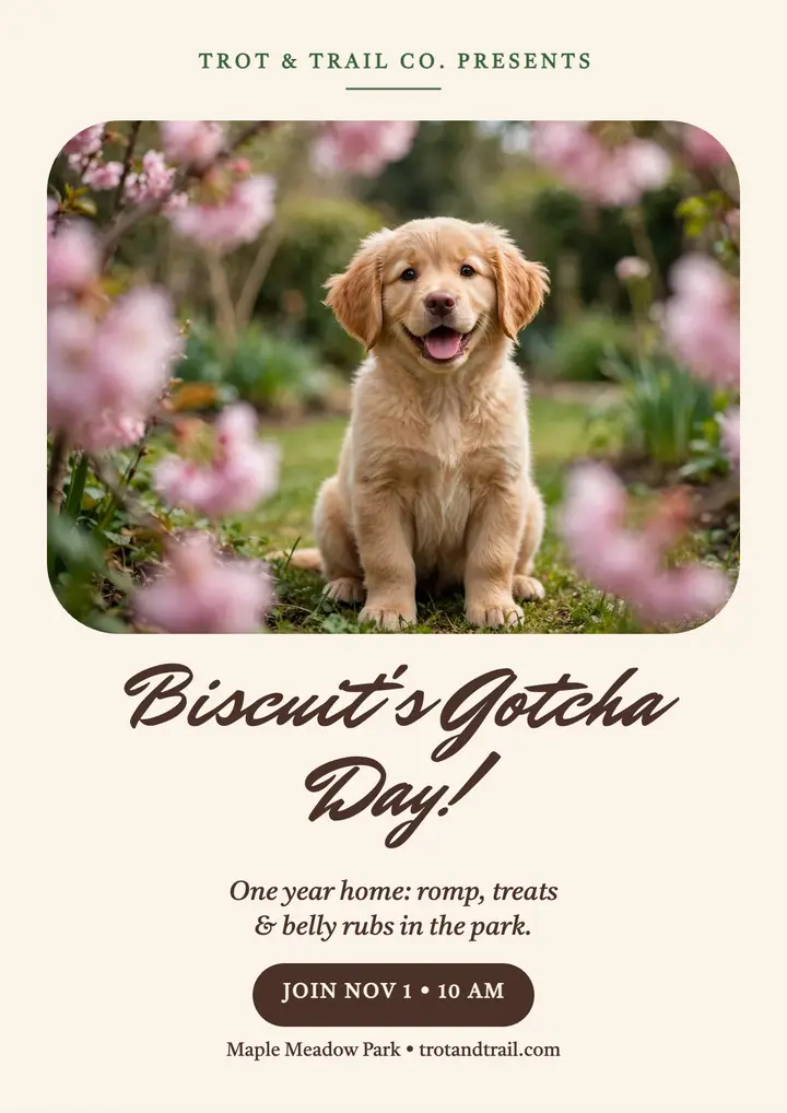 Biscuit gotcha day flyer, Trot and Trail template