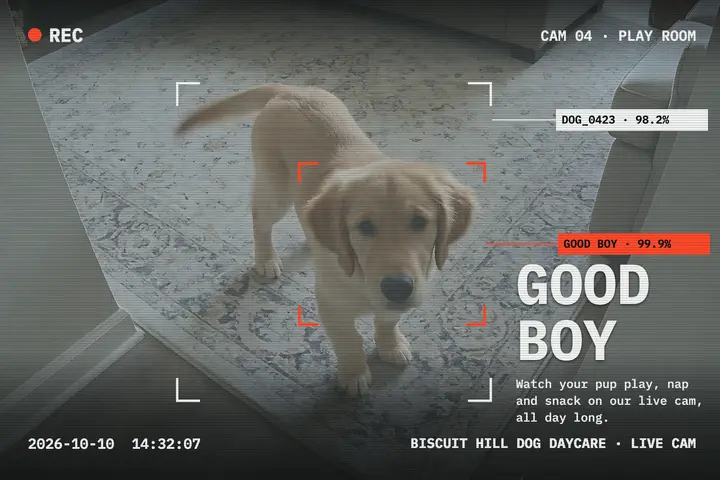 Dog daycare live cam postcard, surveillance frame template