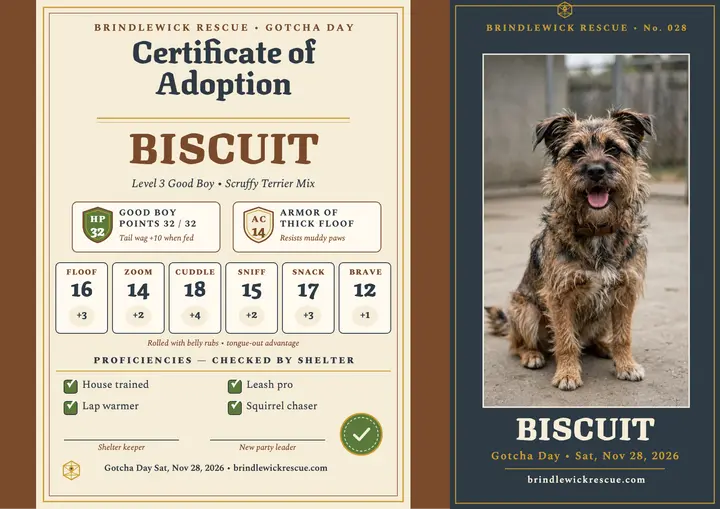 Biscuit quest adoption certificate: dog adoption certificate template