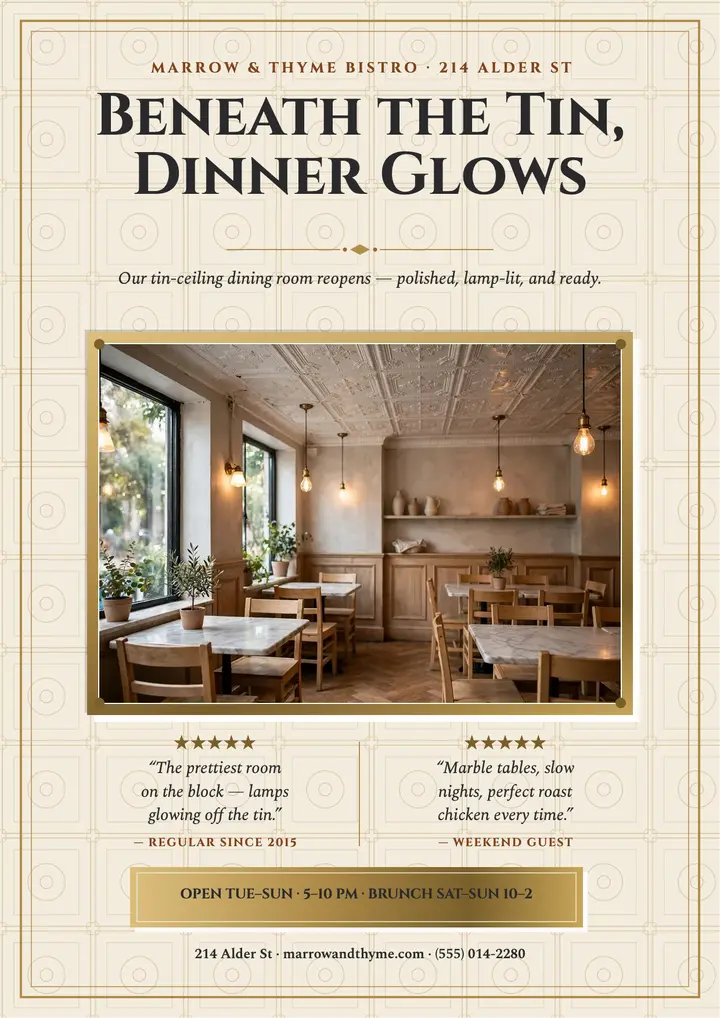 Marrow and Thyme tin room reopening flyer: bistro reopening flyer template