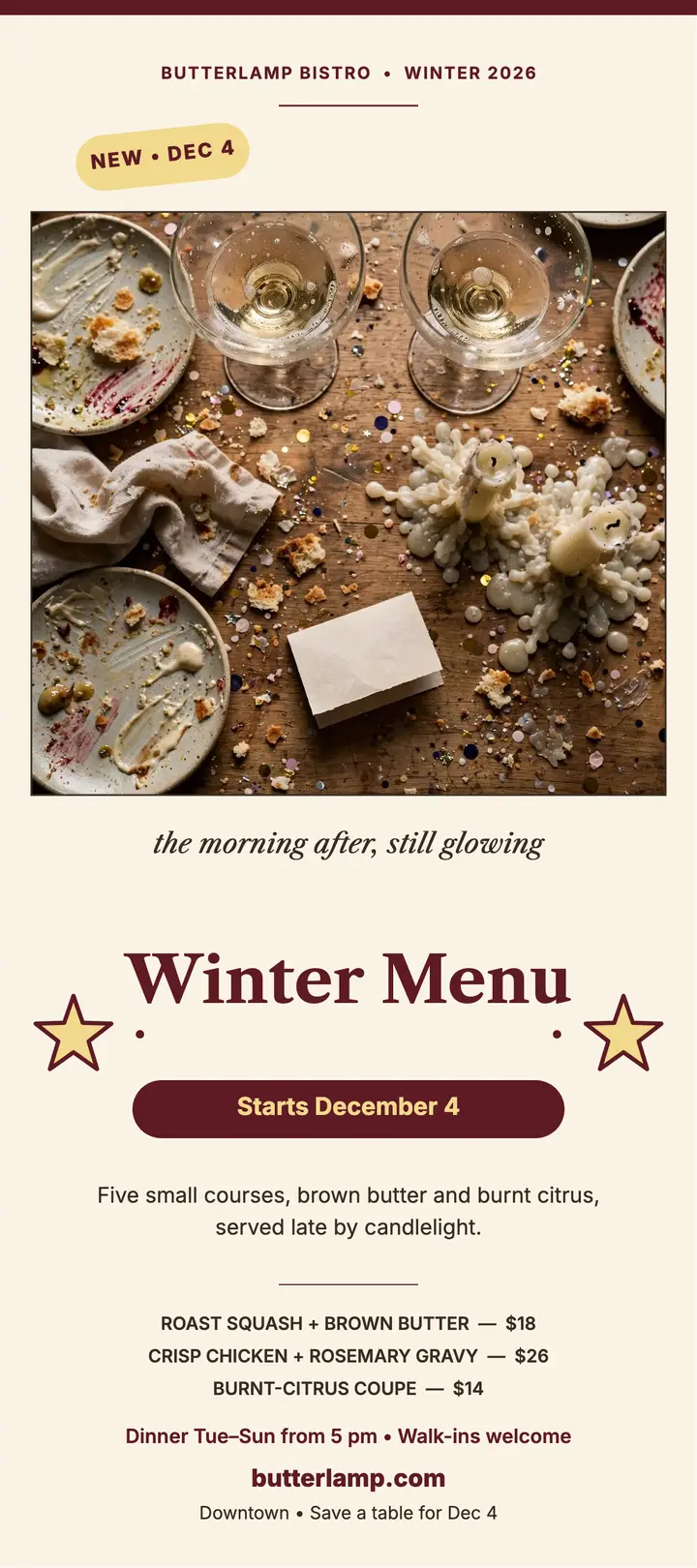 Butterlamp Bistro winter menu rack card template