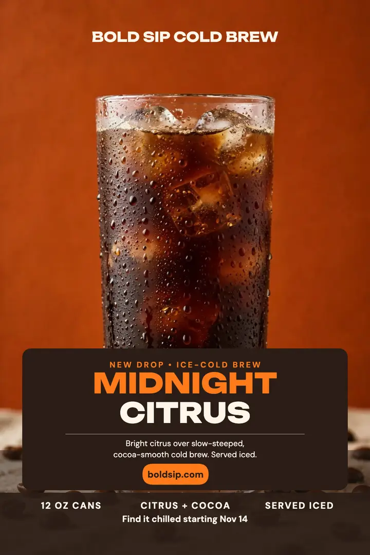 Bold Sip Midnight Citrus brew poster: cold brew launch poster template