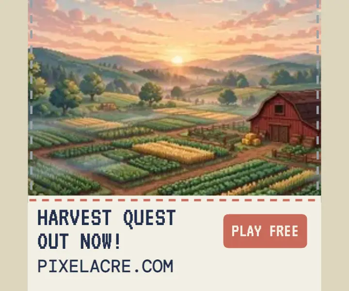 Pixel Acre harvest quest download ad: farm game ad template