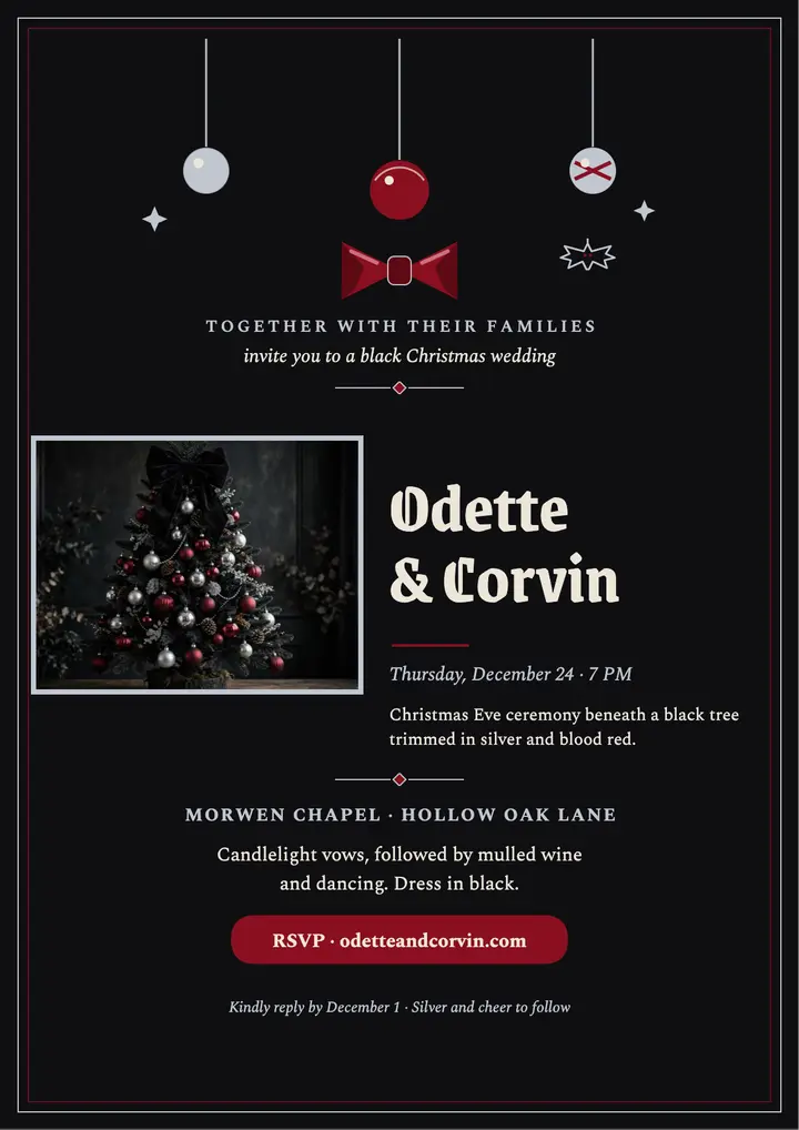Odette and Corvin black Christmas wedding flyer: christmas wedding invitation template
