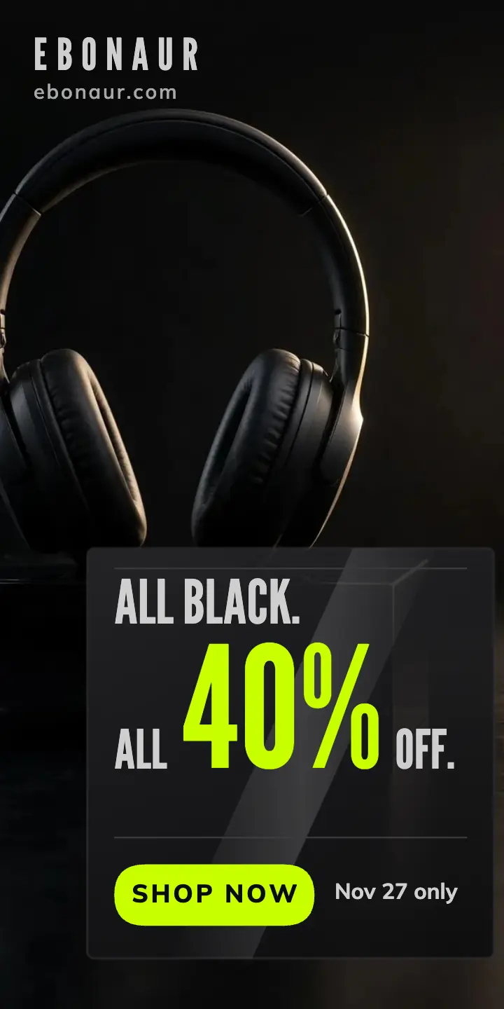 Ebonaur Black Friday 40% off headphones half-page ad template