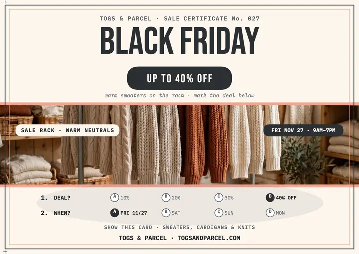 Togs and Parcel Black Friday bubble quiz: black friday sale certificate template