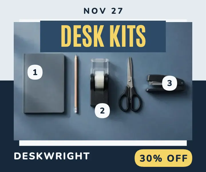 Deskwright Black Friday desk kit ad, knolling template