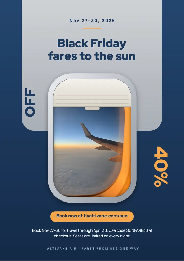 Altivane Air Black Friday fares flyer, plane window: black friday airline sale flyer template