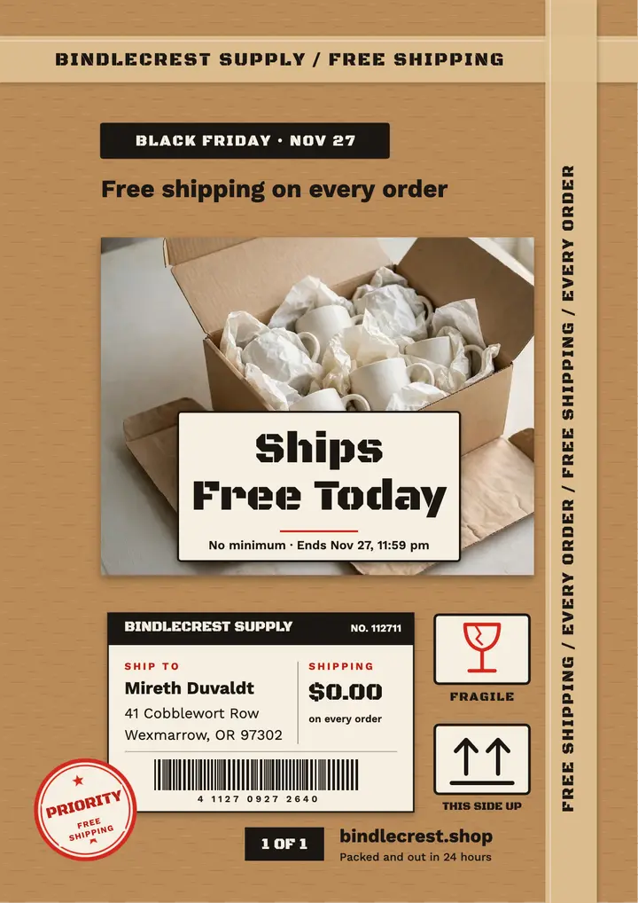 Black Friday free shipping flyer, parcel and packing tape template