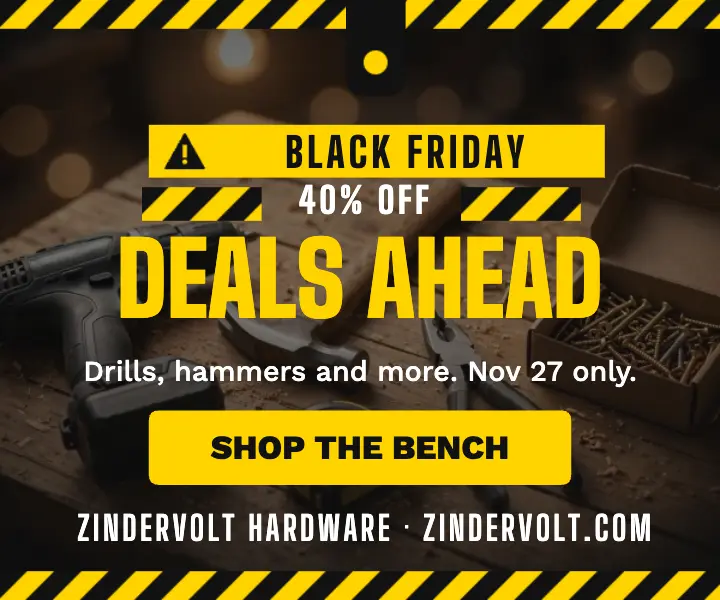 Zindervolt Black Friday hardware ad, hazard stripe template