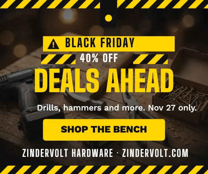 Zindervolt Black Friday hardware ad, hazard stripe: black friday hardware ad template