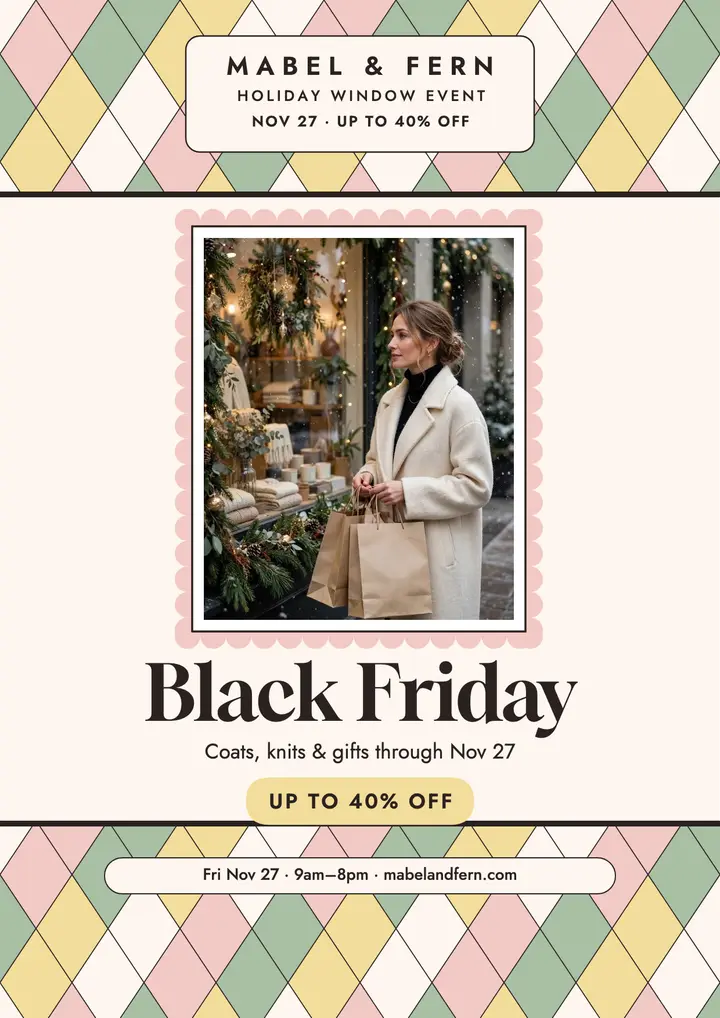Mabel and Fern Black Friday harlequin flyer template