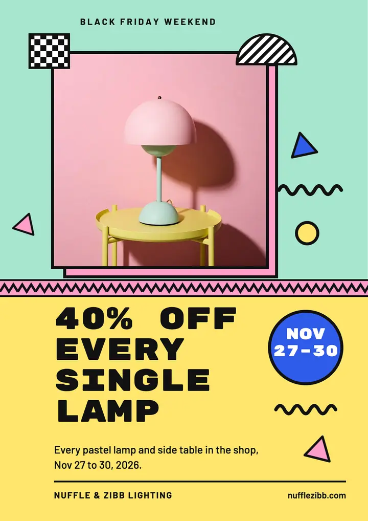 Black Friday lamp sale flyer, Memphis postmodern template