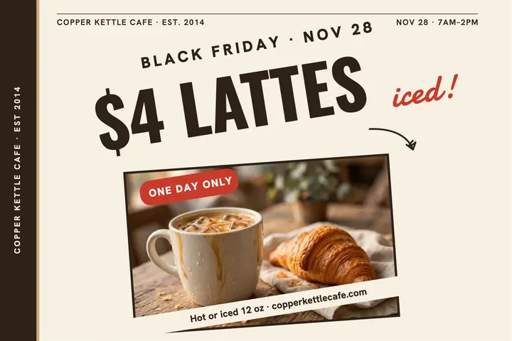 Copper Kettle Black Friday latte postcard: black friday latte postcard template