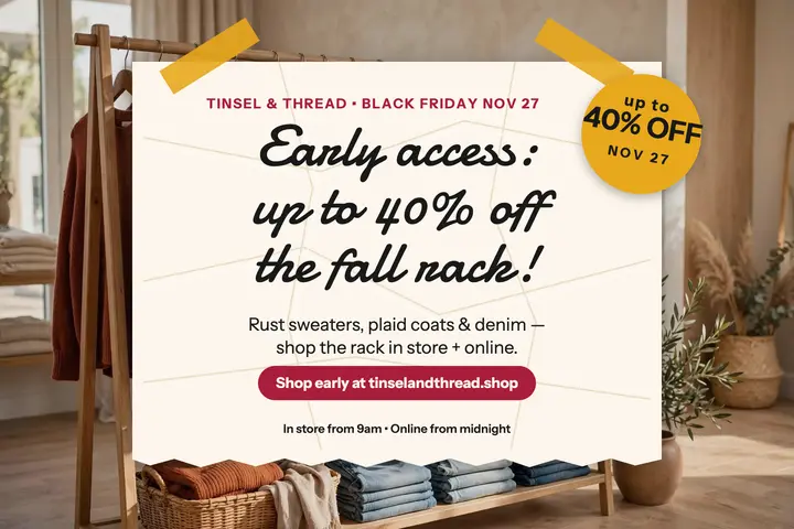 Tinsel Thread Black Friday rack note postcard: black friday sale postcard template