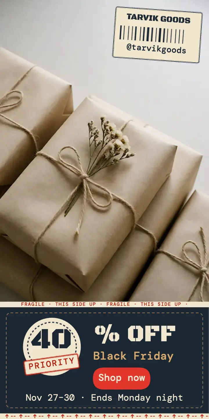 Tarvik Goods Black Friday half page ad, parcel and packing tape template