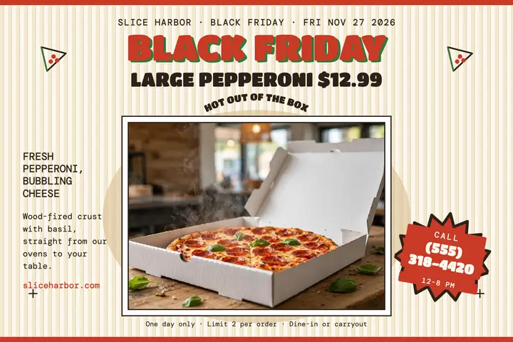 Slice Harbor Black Friday pizza box postcard template