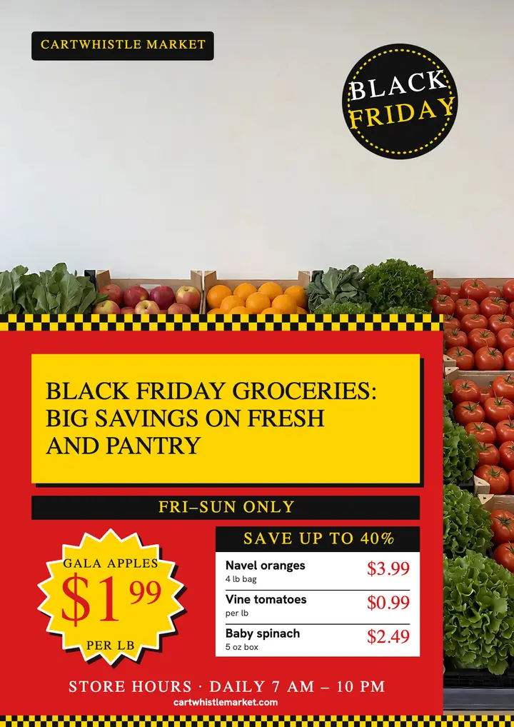 Black Friday produce weekend grocery flyer, supermarket style template