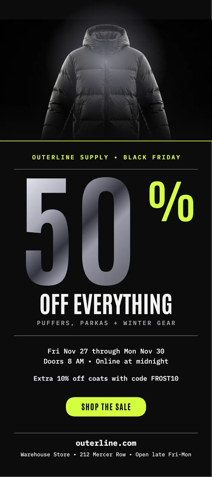 Outerline Black Friday puffer sale card template