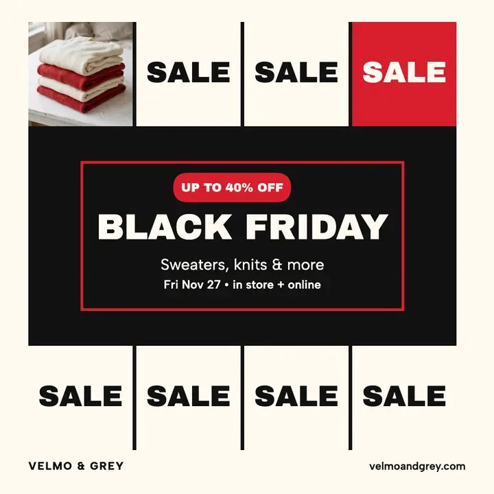 Velmo and Grey Black Friday word grid template