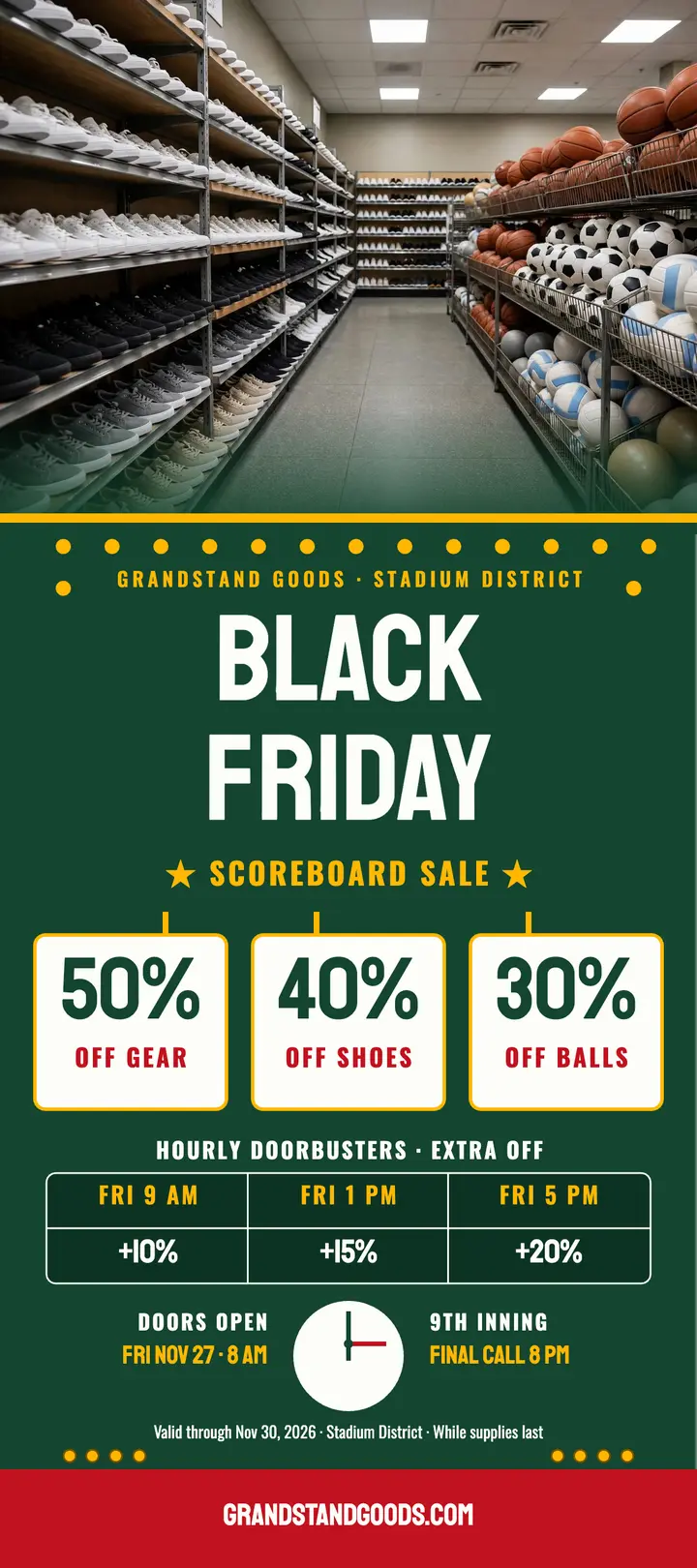 Grandstand Goods Black Friday scoreboard rack card template