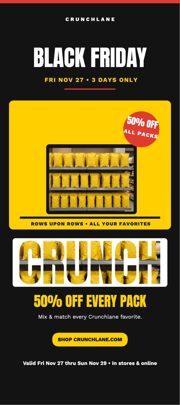 Crunchlane Black Friday snack shelf rack card: black friday snack sale template