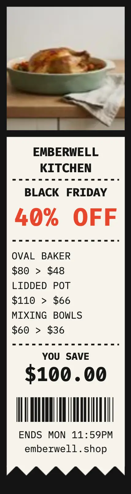 Black Friday stoneware sale receipt, skyscraper ad template