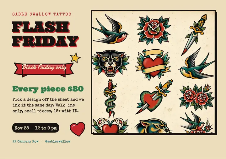 Black Friday flash day card, tattoo flash sheet template