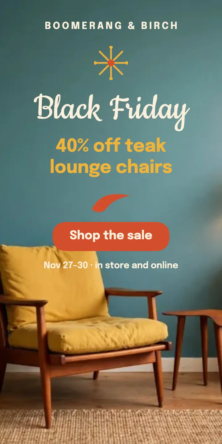 Black Friday teak lounge chair ad, mid-century modern template