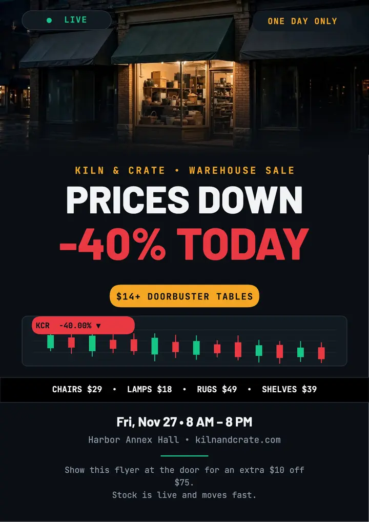 Kiln and Crate Black Friday price drop flyer template